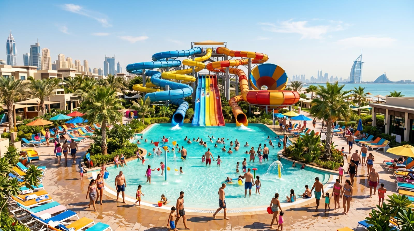 Rodinný aquapark v Dubaji s barevnými skluzavkami a brouzdalištěm