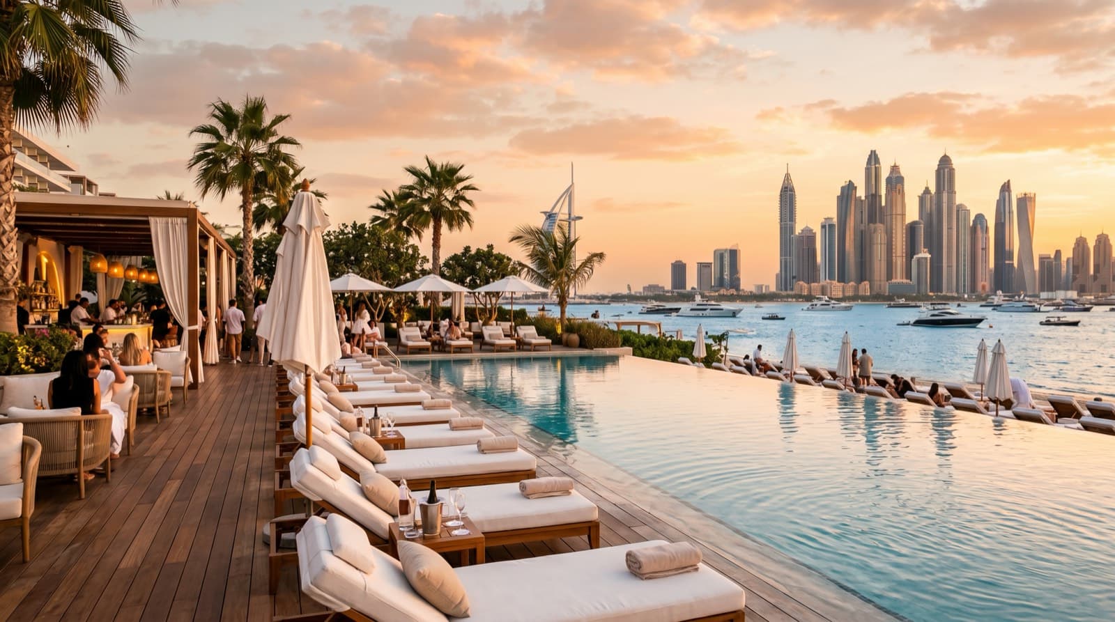 Luxusní beach club v Dubaji s nekonečným bazénem a lehátky za západu slunce