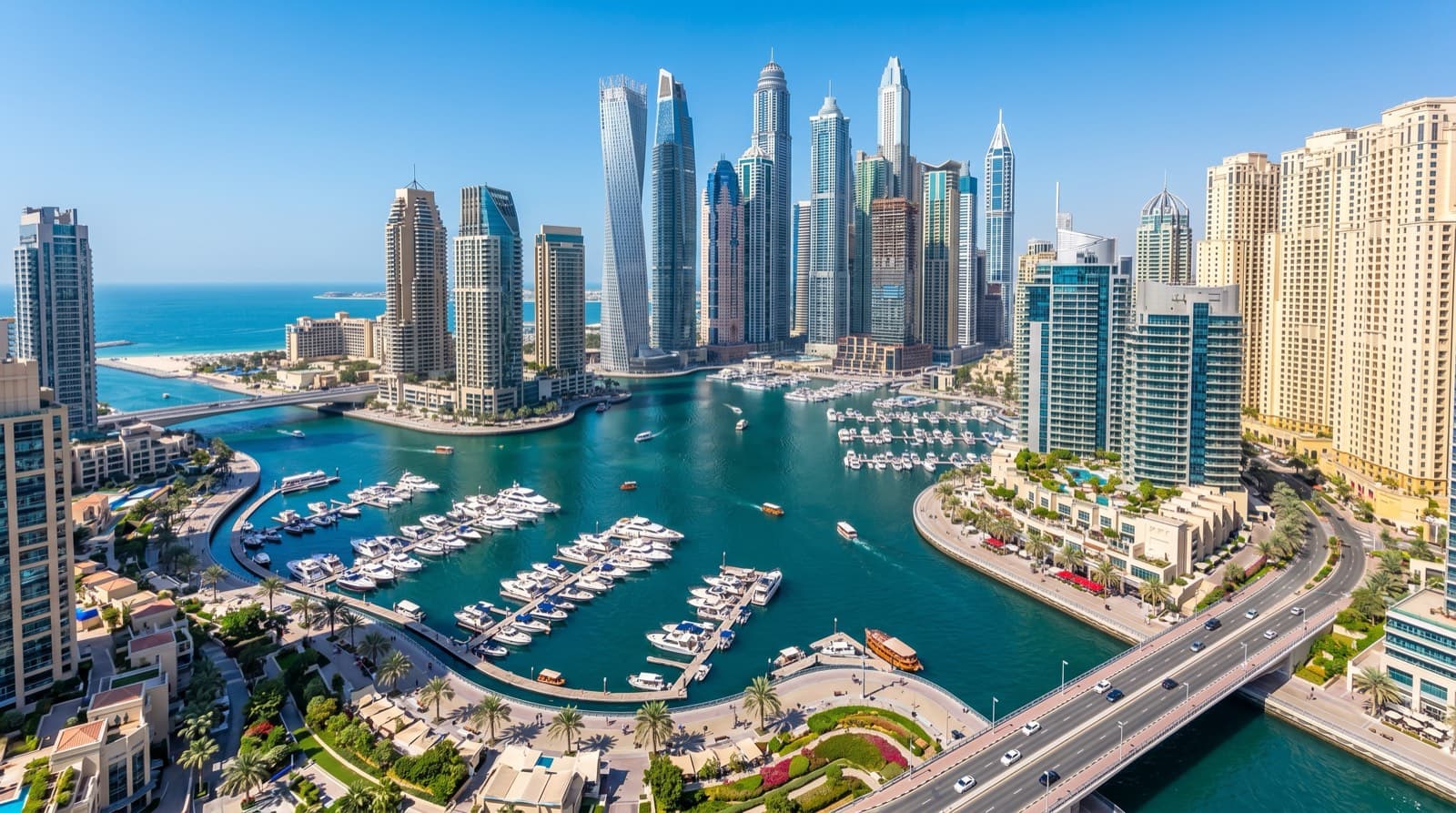 Letecký pohled na Dubai Marina s mrakodrapy, přístavem plným jachet a promenádou