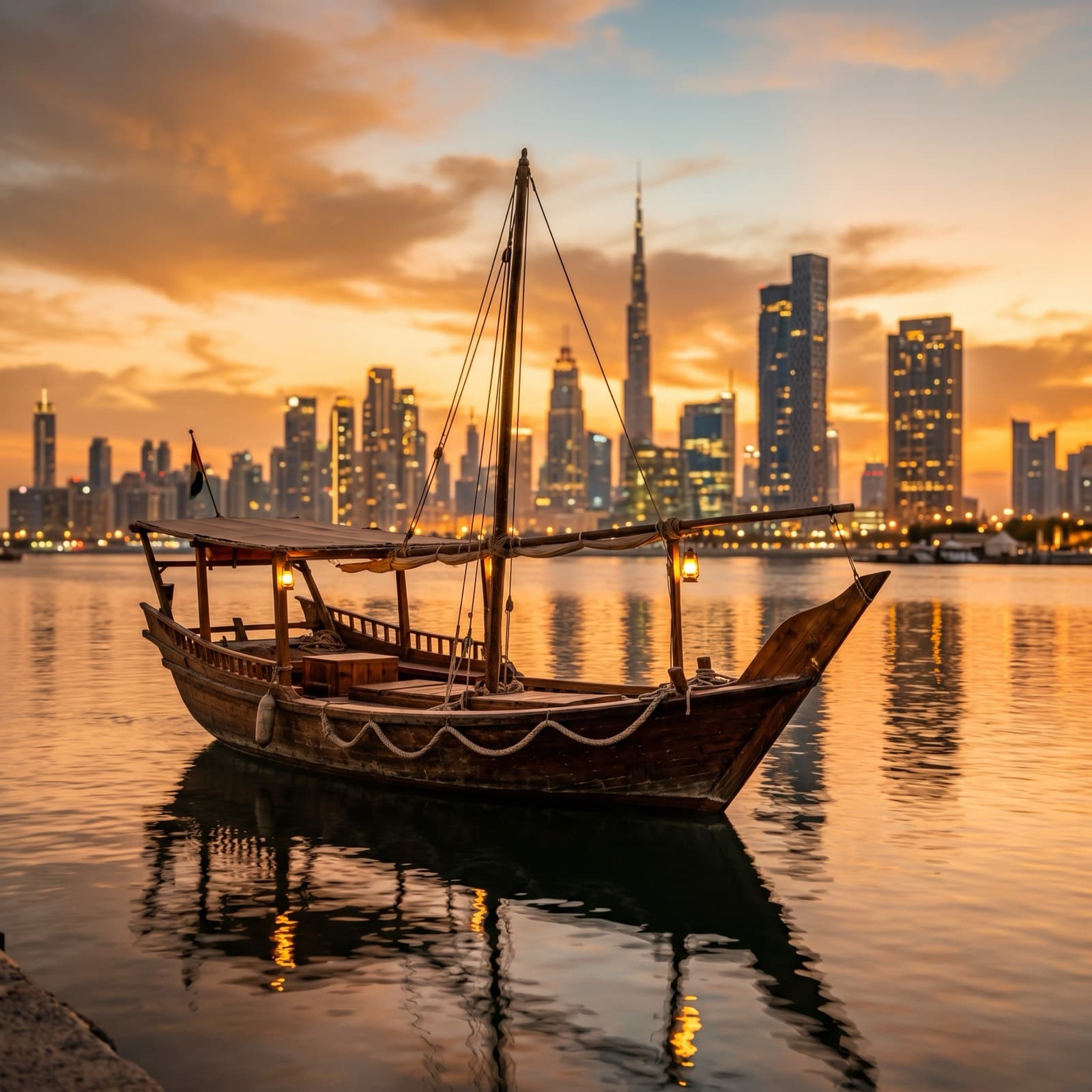Tradiční loď abra na Dubai Creek za zlatého světla