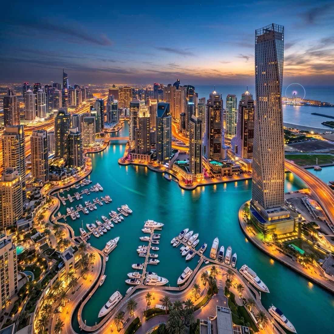 Panorama Dubai Marina s mrakodrapy a tyrkysovou vodou